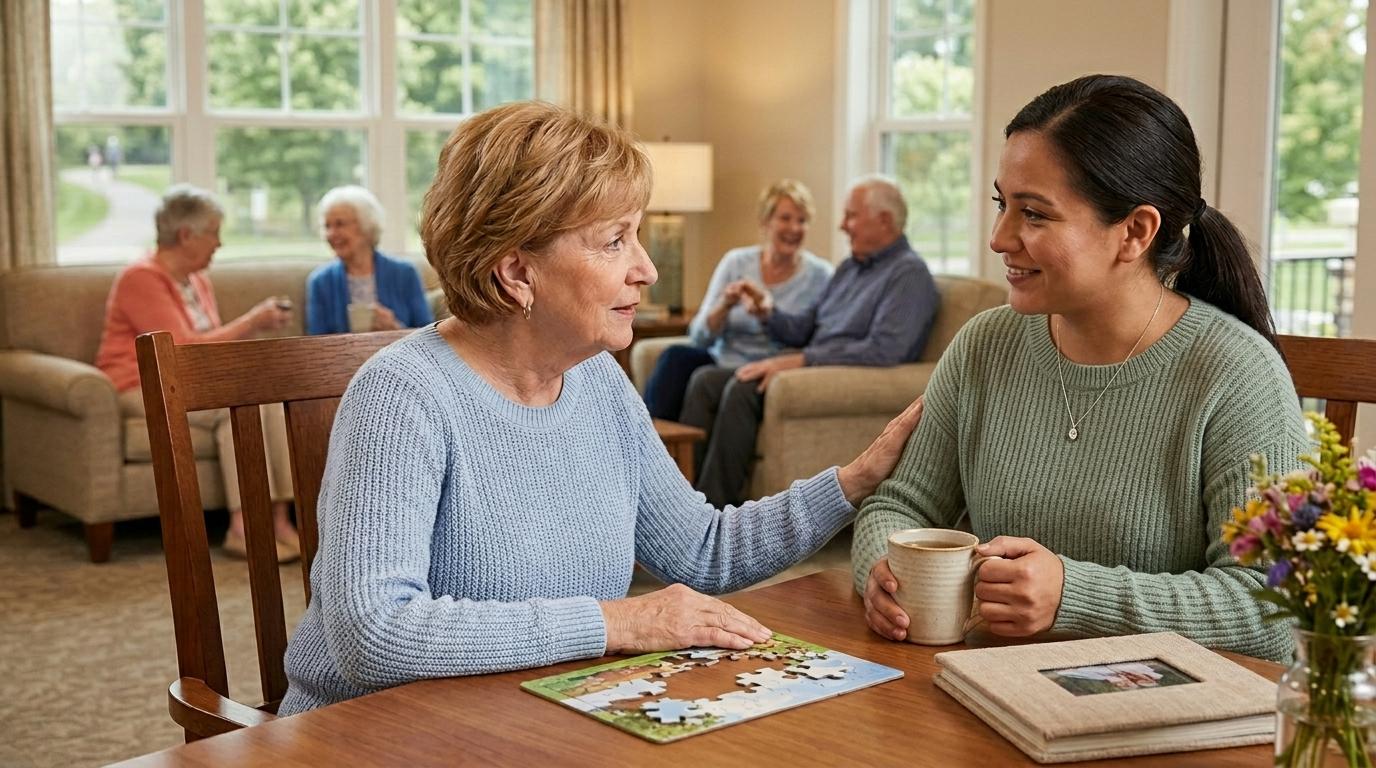Caring memory support staff assist a senior resident at Arbor Oaks Senior Living Community in Andover.
