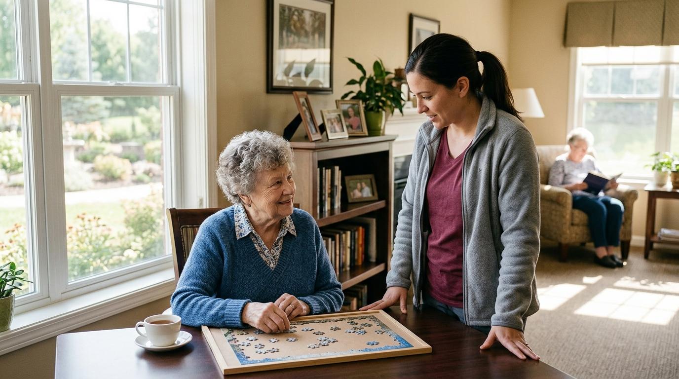 Caring assisted living staff member supporting an older adult with daily routine in a warm, comfortable senior living community.