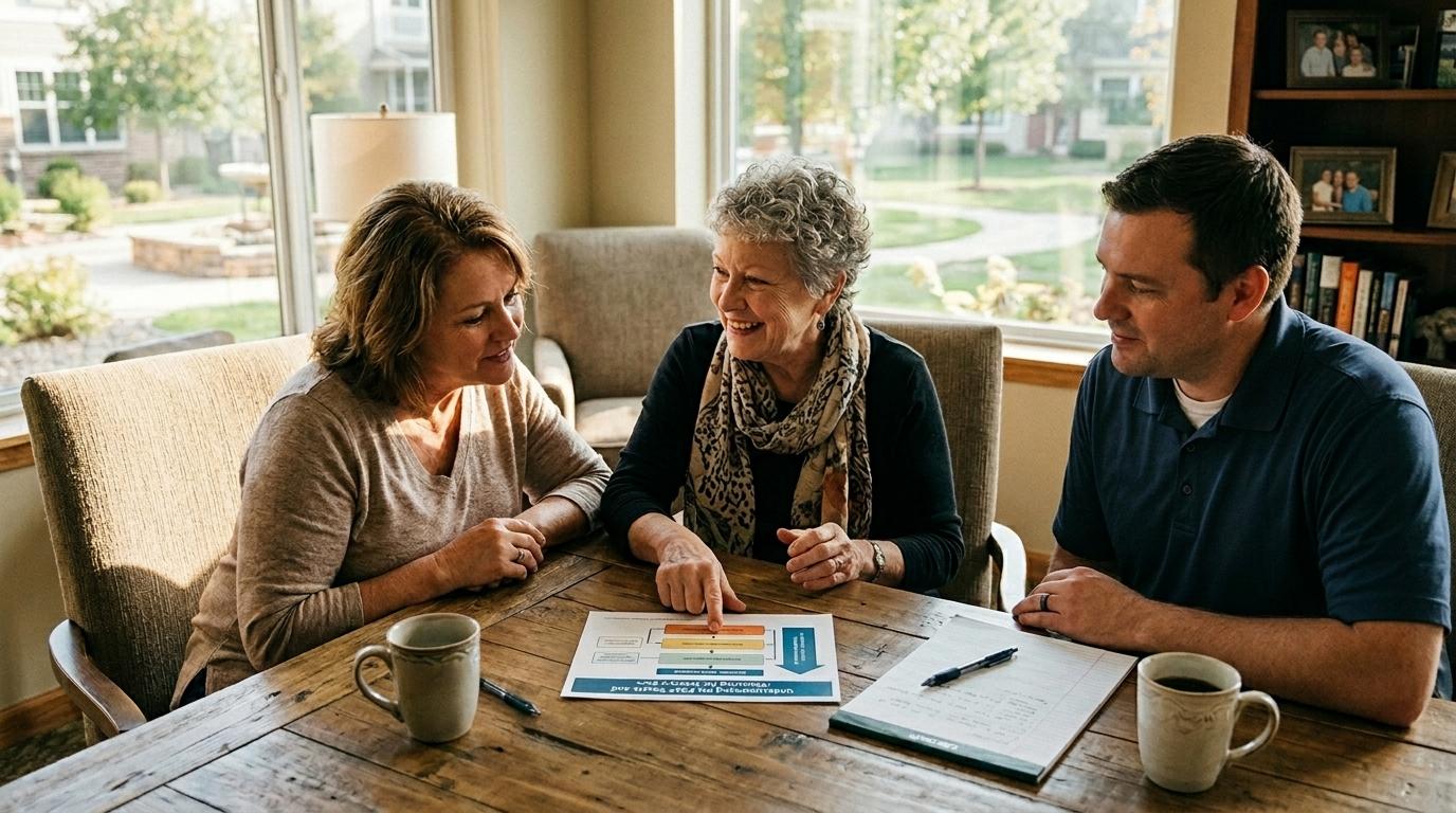 A senior woman taking the FAST Scale test for Dementia with her adult children sitting by her side.