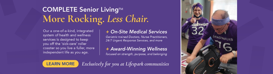 Promotional banner for a senior living community with bold purple design and text about on-site medical services and wellness; seniors exercising appear on the right side.
