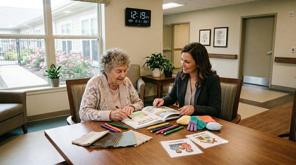 An older adult and their caregiver sit at a table doing arts and crafts in memory care
