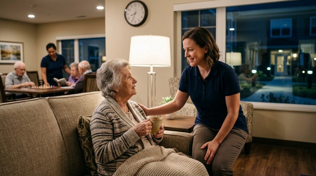 Smiling senior living caregiver speaking warmly with a resident, providing attentive around-the-clock support.