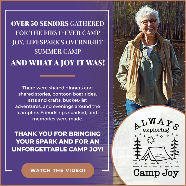 Promo graphic for Camp Joy seniors overnight camp; left panel's text about gathering seniors and a 'Watch the video' button, right panel shows a smiling senior woman outdoors by water with a Camp Joy badge.