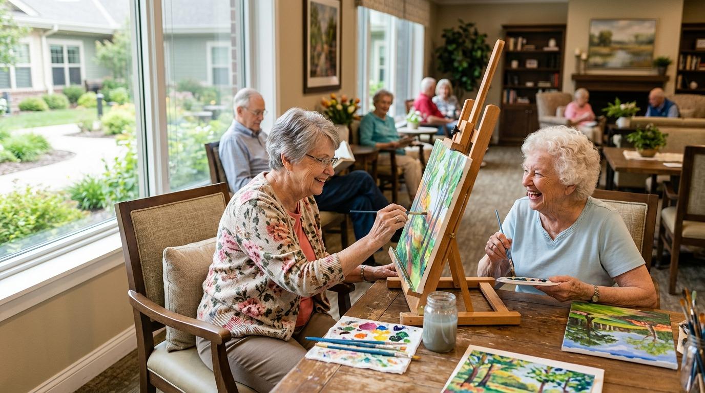 Smiling older adults enjoying a peaceful moment indoors while painting. 